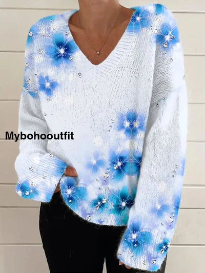 Elegant Retro Floral Print Vintage Chic V-Neck Long Sleeve Thick Knit Sweater A / S