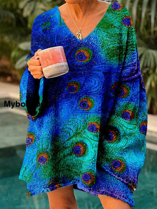 Elegant Retro Floral Print Vintage Loose Chic V-Neck Long Sleeve Thick Knit Sweater A / S