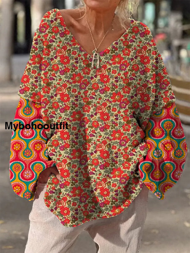 Elegant Retro Floral Print Vintage Loose Chic V-Neck Long Sleeve Thick Knit Sweater A / S