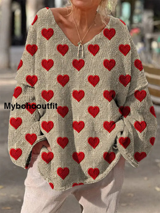 Elegant Retro Floral Print Vintage Loose Chic V-Neck Long Sleeve Thick Knit Sweater A / S