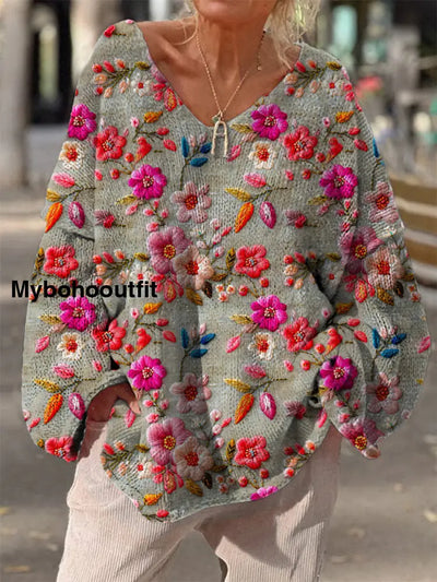 Elegant Retro Floral Print Vintage Loose Chic V-Neck Long Sleeve Thick Knit Sweater A / S