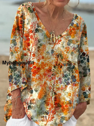 Floral Print Casual V-Neck Long Sleeve Shirt A / S