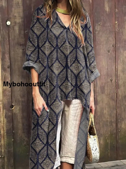 Modern Geometric Pattern Printed Women’s Short Front And Long Back V-Neck Top