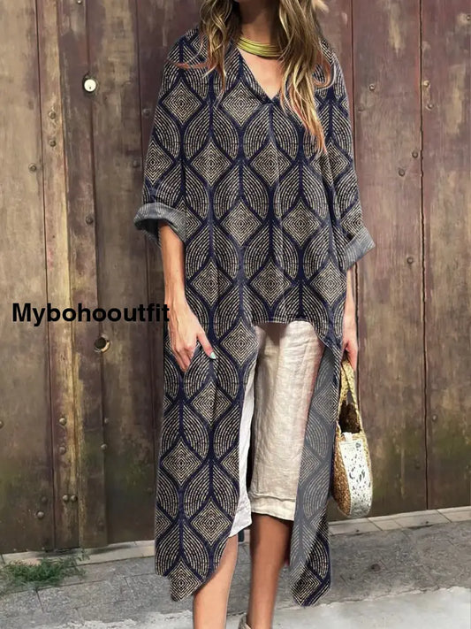 Modern Geometric Pattern Printed Women’s Short Front And Long Back V-Neck Top Multicolor / S