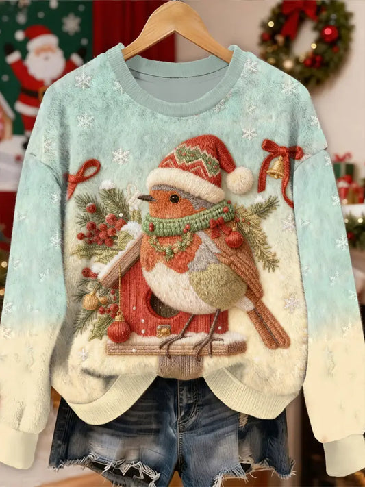 Gorgeous Christmas Bird Pattern Casual Long Sleeved Sweatshirt As picture / S