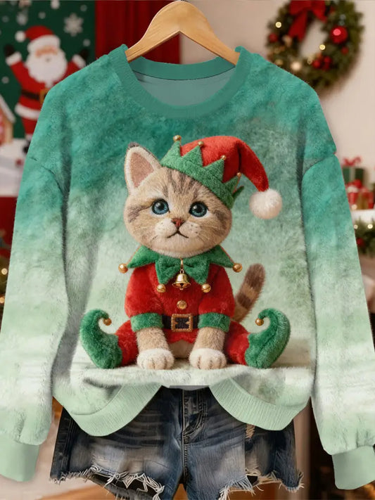 Gorgeous Christmas Cat Pattern Casual Long Sleeved Sweatshirt As picture / S