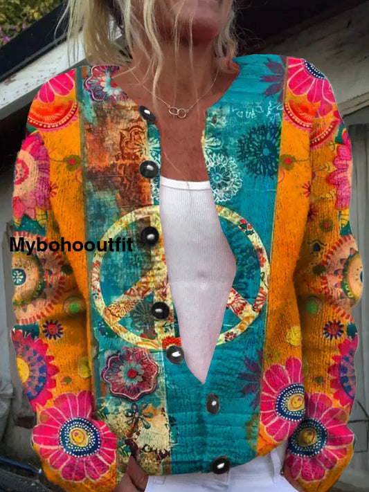 Retro Elegant Art Print Chic Button Thick Long Sleeve Cardigan Sweater A / S