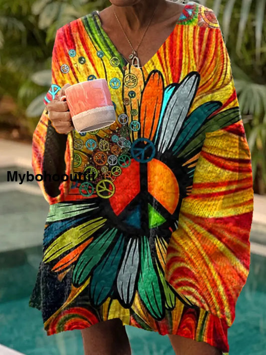 Women’s Vintagehippie Art Print Chic V Neck Casual Sweater Pullover A / S