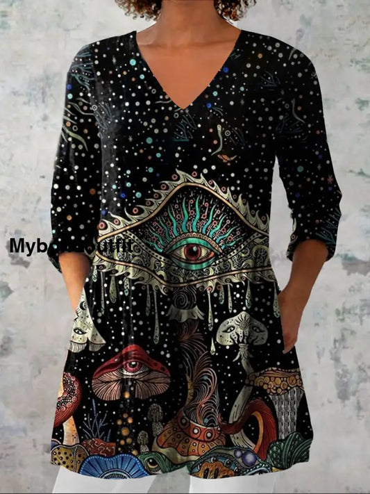 Retro Bohemian Hippie Mushrooms Print Vintage Casual Cotton V Neck Long Sleeve T-Shirt A / S