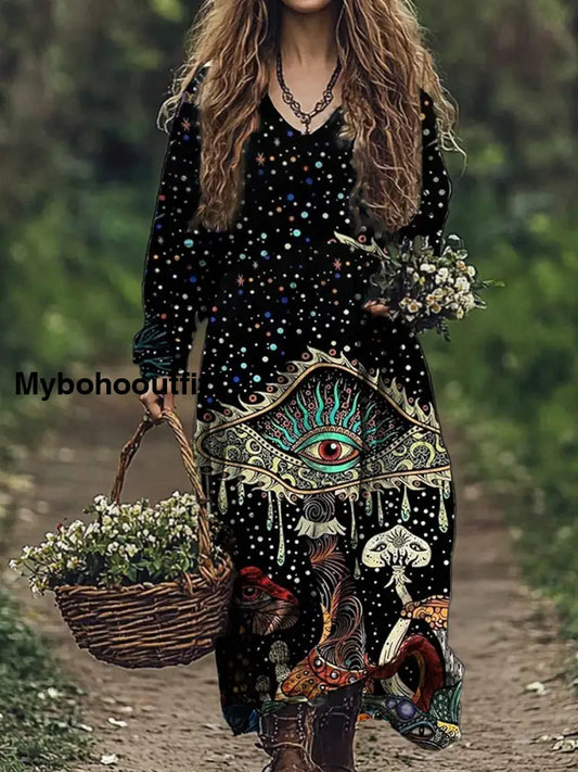 Vintage V-neck Bohemian Floral Print Elegant Chic Loose Midi Dress A / S