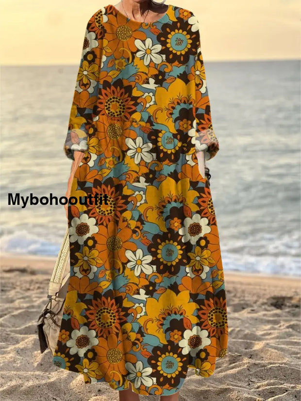 Ladies Fashion Elegant Art Floral Print Round Collar Long Sleeve Dress A / S