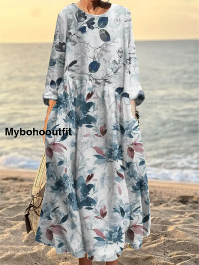 Ladies Fashion Elegant Art Floral Print Round Collar Long Sleeve Dress A / S