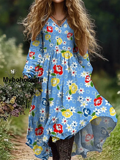 Ladies Fashion Elegant Art Floral Print V-Neck Long Sleeve Dress A / S