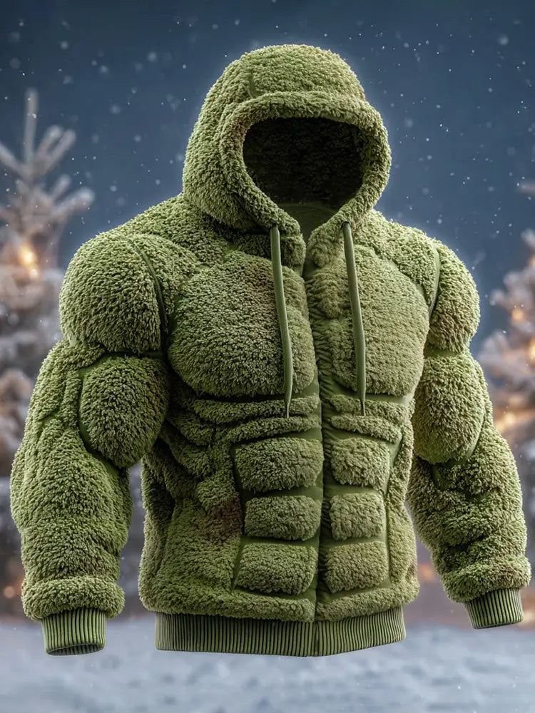 Line Art Flannel Warm Men’s Hooded Sweatshirt Green / S