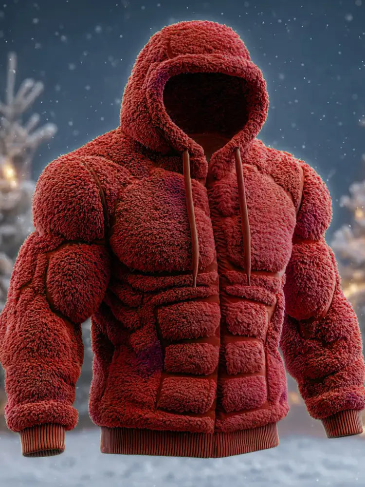 Line Art Flannel Warm Men’s Hooded Sweatshirt Red / S