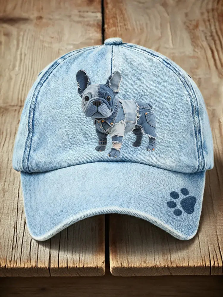 Lovely French Bulldog Patchwork Art Hat Blue / ONE