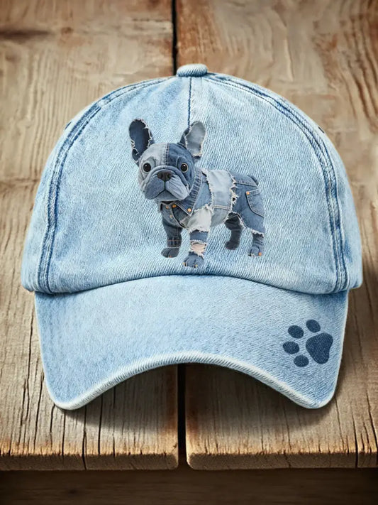 Lovely French Bulldog Patchwork Art Hat Blue / ONE