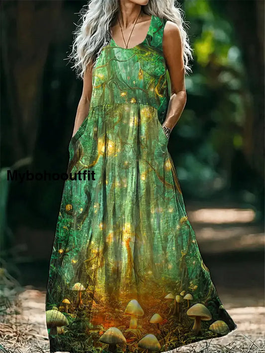 Vintage Round Neck Bohe mianMagic Forest Print Elegant Chic Sleeveless Loose Midi Dress A / S