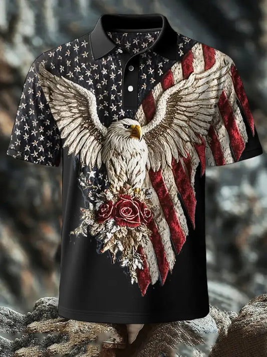 Men’s 4th of July Eagle Flag Patriotic Printed Casual Tops Black / S