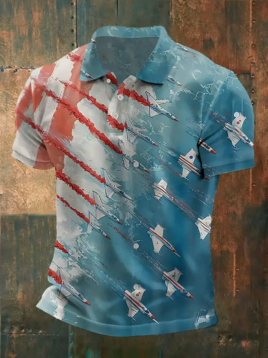 Men’s 4th of July Printed Casual Button-Down Top Sky Blue / S