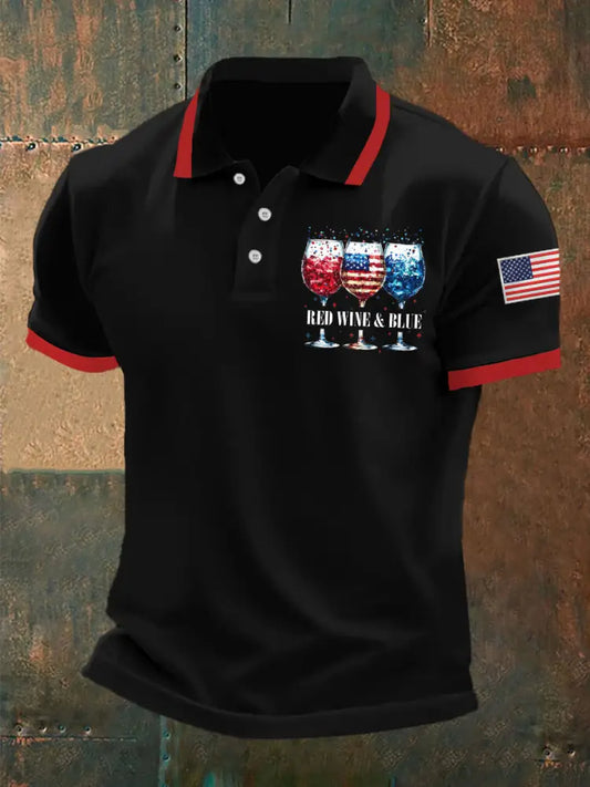 Men’s 4th Of July Red Wine Blue Wine Glass Print Casual Top Black / S