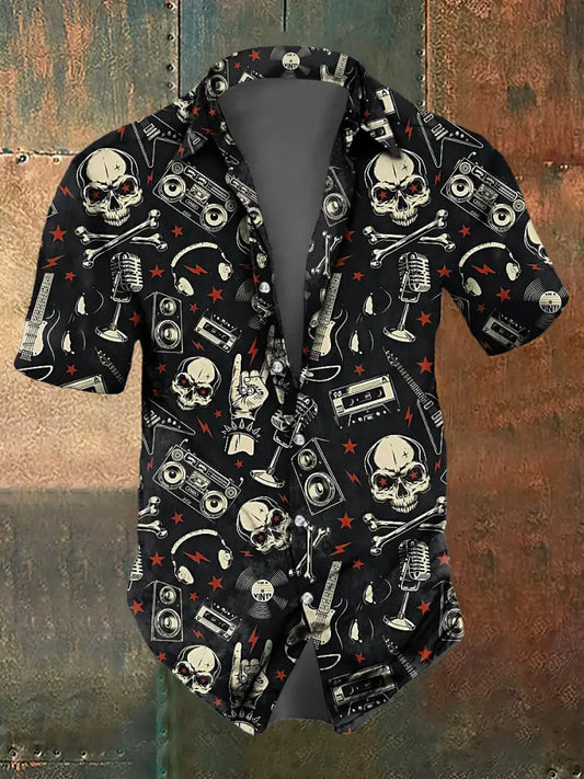 Men’s Abstract Music Skull Print Casual Short Sleeved Shirt Black / S