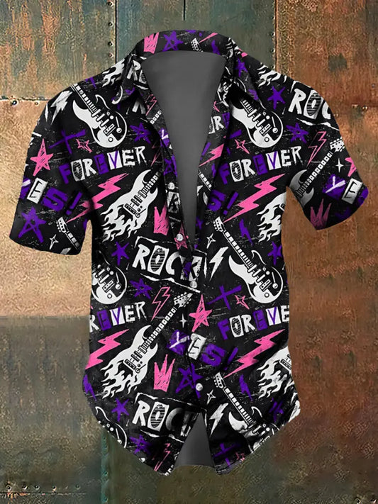 Men’s Abstract Music Skull Print Casual Short Sleeved Shirt Black / S