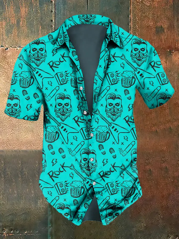 Men’s Abstract Music Skull Print Casual Short Sleeved Shirt Light Blue / S