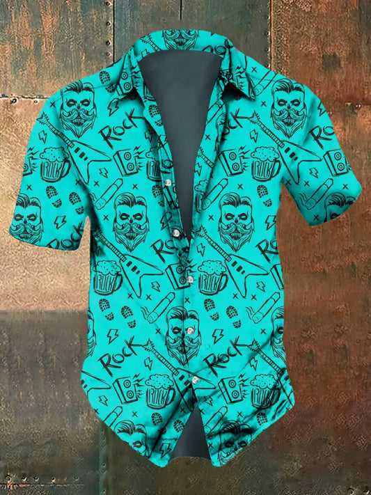 Men’s Abstract Music Skull Print Casual Short Sleeved Shirt Light Blue / S