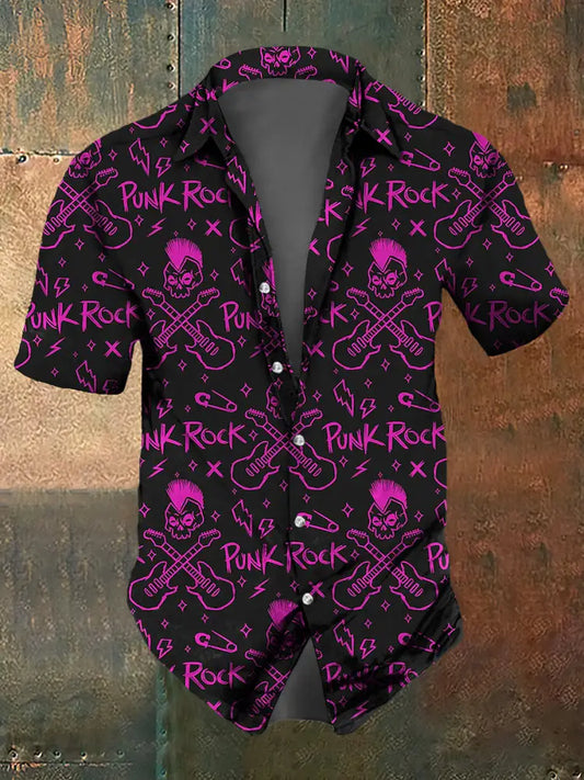 Men’s Abstract Music Skull Print Casual Short Sleeved Shirt Purple / S