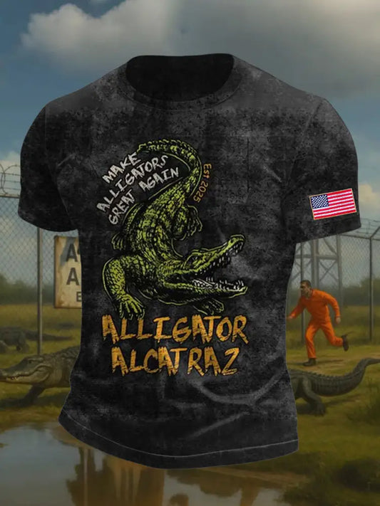 Men’s Alligator Alcatraz Funny Florida Everglades Dark Humor Printed T-shirt Black / S