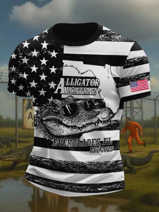 Men’s Alligator Alcatraz Funny Florida Everglades Dark Humor Printed T-shirt Black / S