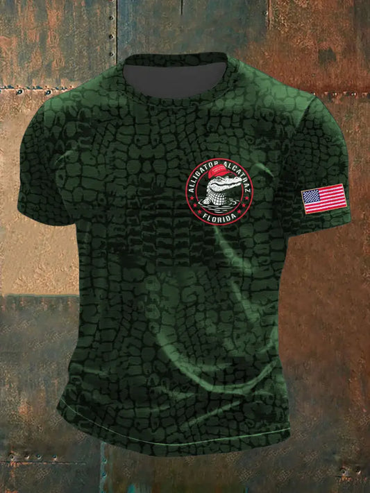 Men’s Alligator Alcatraz Funny Florida Everglades Dark Humor Printed T-shirt Dark Green / S