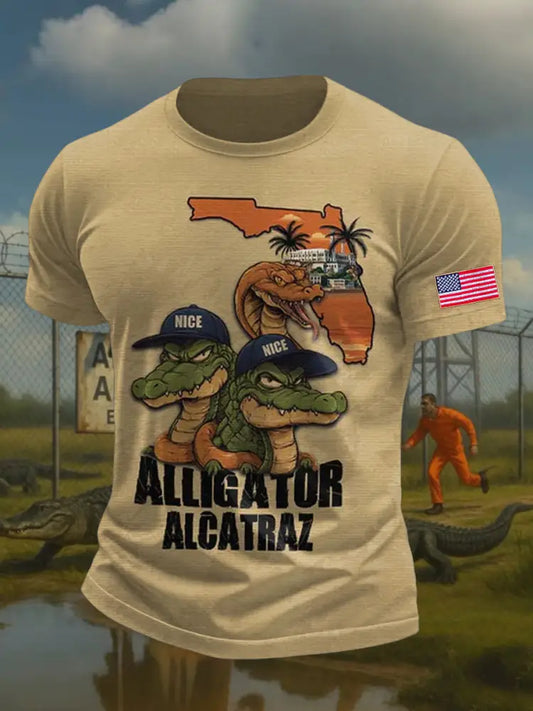 Men’s Alligator Alcatraz Funny Florida Everglades Dark Humor Printed T-shirt Khaki / S