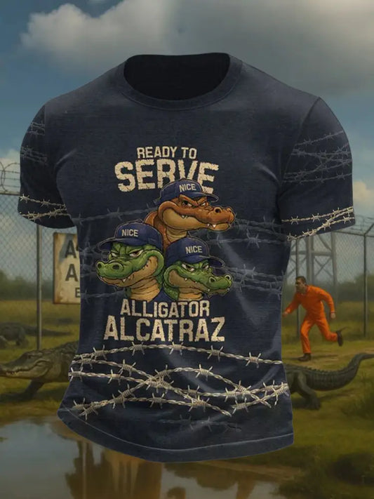 Men’s Alligator Alcatraz Funny Florida Everglades Dark Humor Printed T-shirt Navy Blue / S