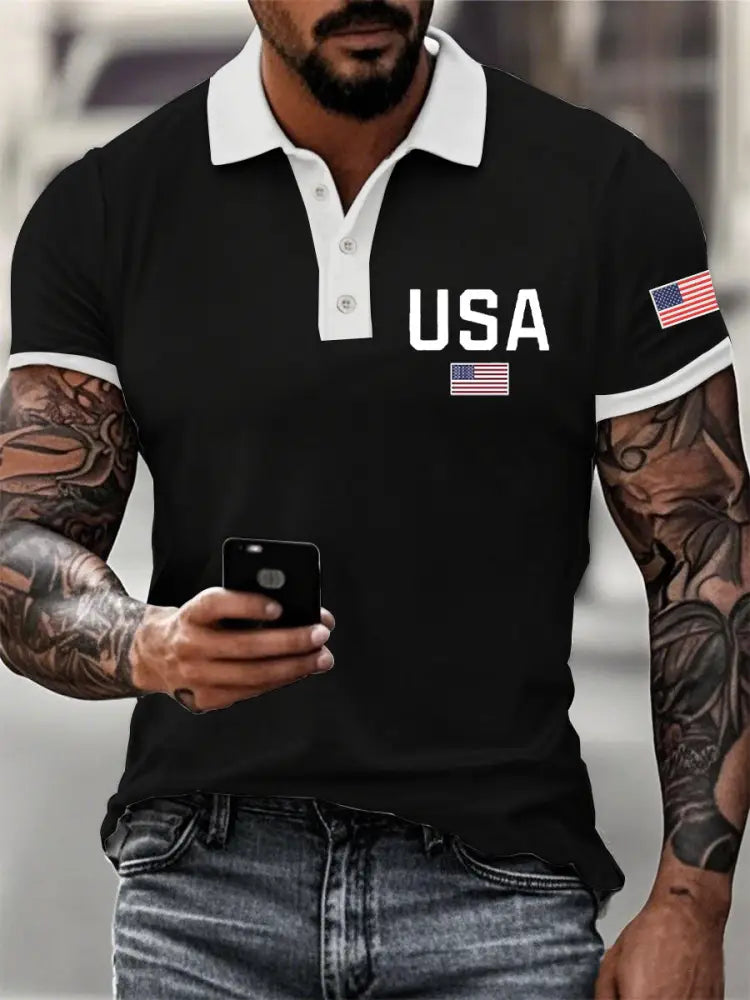 Men’s American Flag Button T-Shirt Black / S