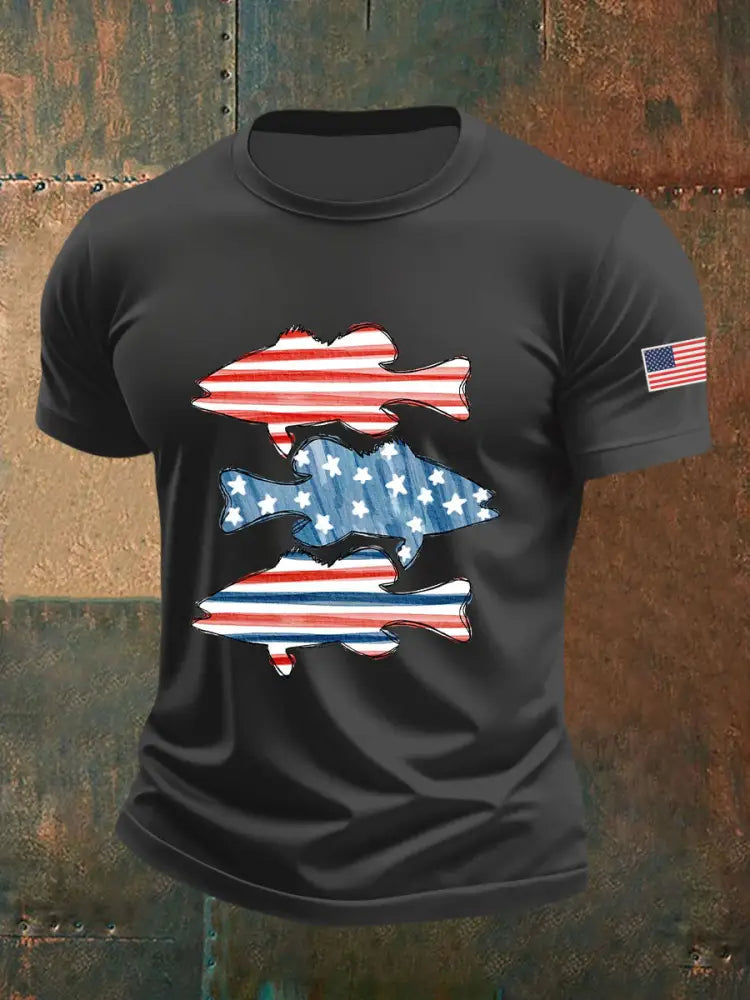 Men’s American Flag Fish Print T-Shirt Dark Gray / S