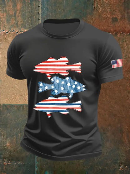 Men’s American Flag Fish Print T-Shirt Dark Gray / S