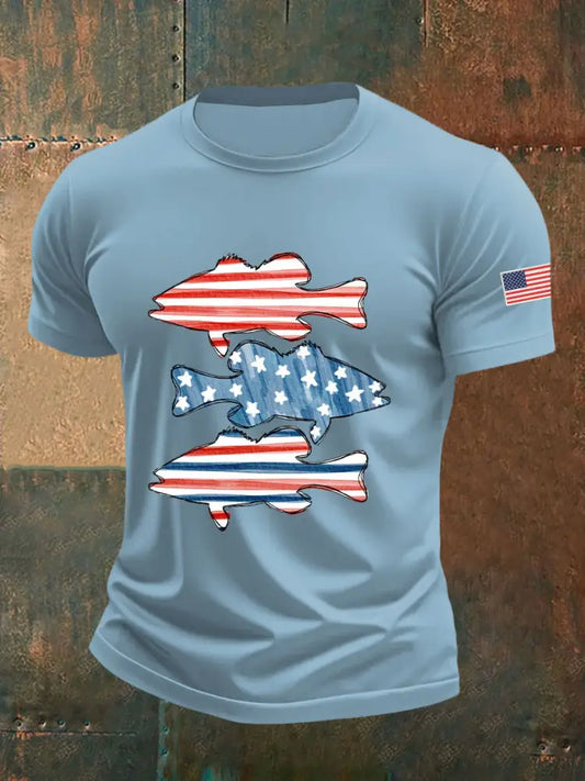Men’s American Flag Fish Print T-Shirt Sky Blue / S