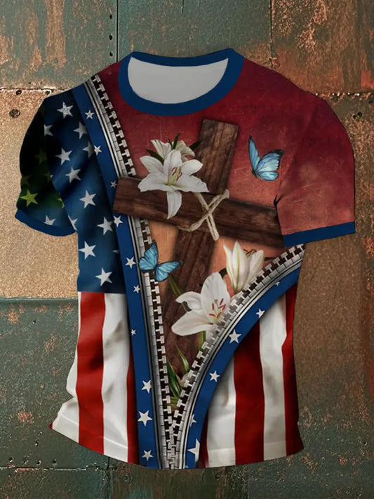 Men’s American Flag Floral Cross Short Sleeve T-Shirt As picture / S