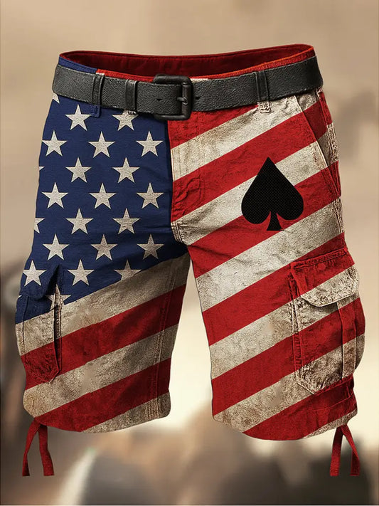 Men’s American Flag Texas Hold’em Poker Printed Texture Drawstring Pocket Casual Cargo Shorts A / M