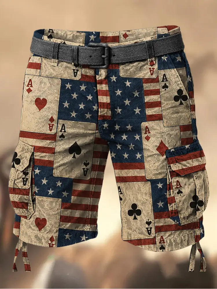 Men’s American Flag Texas Hold’em Poker Printed Texture Drawstring Pocket Casual Cargo Shorts A / M