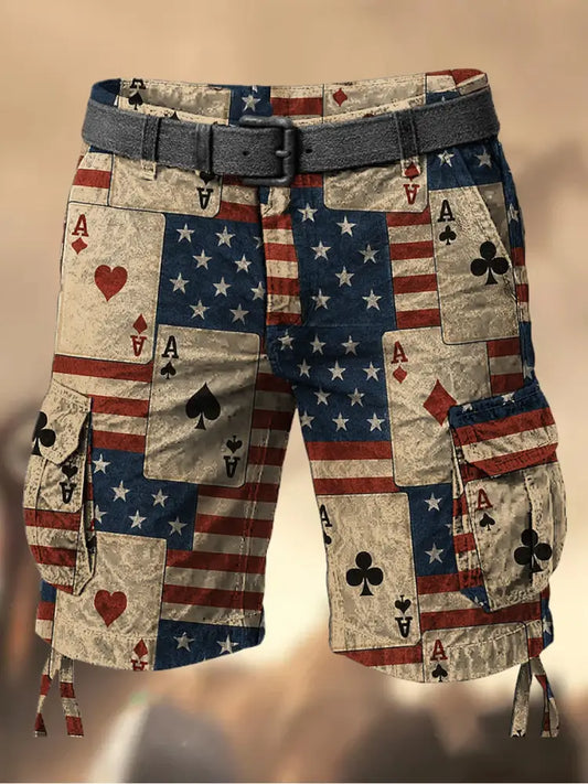 Men’s American Flag Texas Hold’em Poker Printed Texture Drawstring Pocket Casual Cargo Shorts A / M