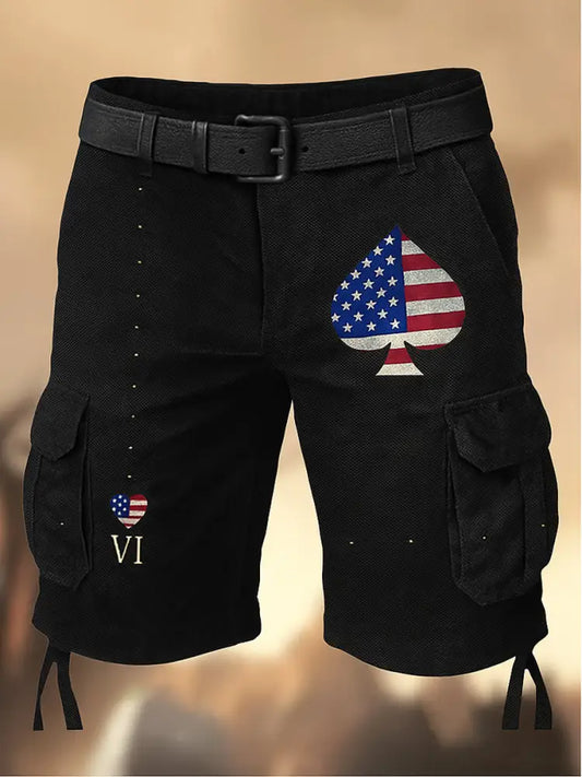 Men’s American Flag Texas Hold’em Poker Printed Texture Drawstring Pocket Casual Cargo Shorts A / M
