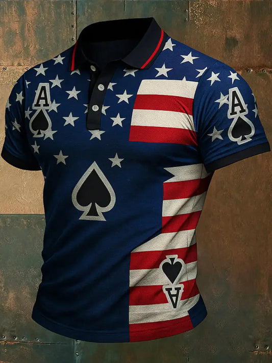 Men’s American Flag Texas Hold’em Poker Printed Waffle Texture Athletic V-Neck Short Sleeves Polo Shirt A / S
