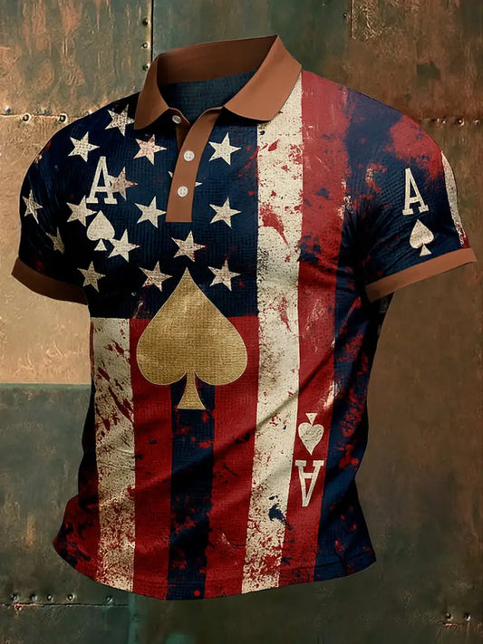 Men’s American Flag Texas Hold’em Poker Printed Waffle Texture Athletic V-Neck Short Sleeves Polo Shirt A / S