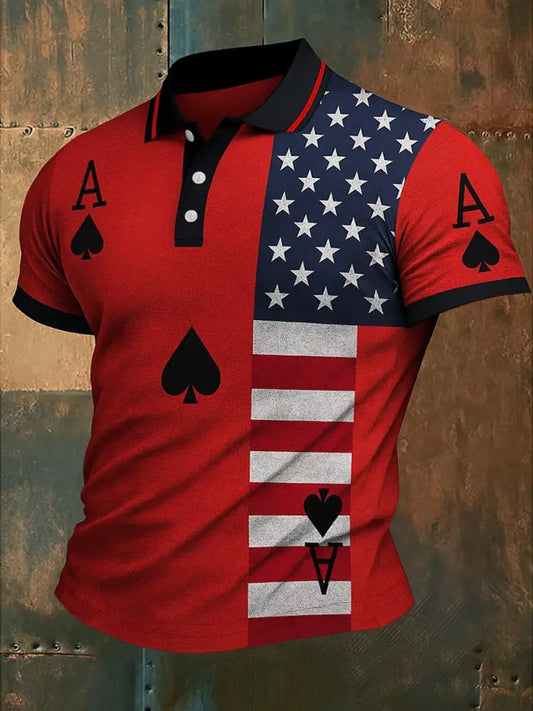 Men’s American Flag Texas Hold’em Poker Printed Waffle Texture Athletic V-Neck Short Sleeves Polo Shirt A / S