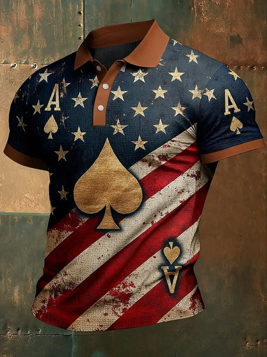 Men’s American Flag Texas Hold’em Poker Printed Waffle Texture Athletic V-Neck Short Sleeves Polo Shirt A / S