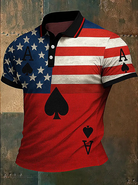 Men’s American Flag Texas Hold’em Poker Printed Waffle Texture Athletic V-Neck Short Sleeves Polo Shirt A / S