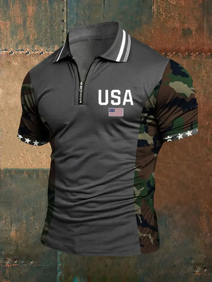 Men’s American Flag Zip-Up T-Shirt Gray / S